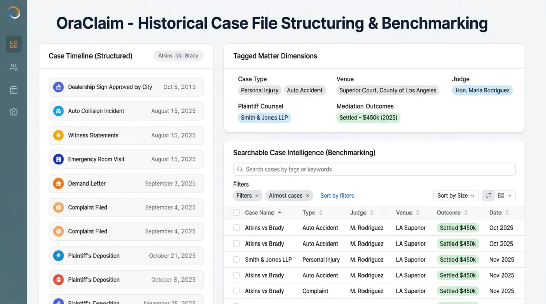 OraClaim historical case benchmarking dashboard displaying pattern recognition and matter analytics