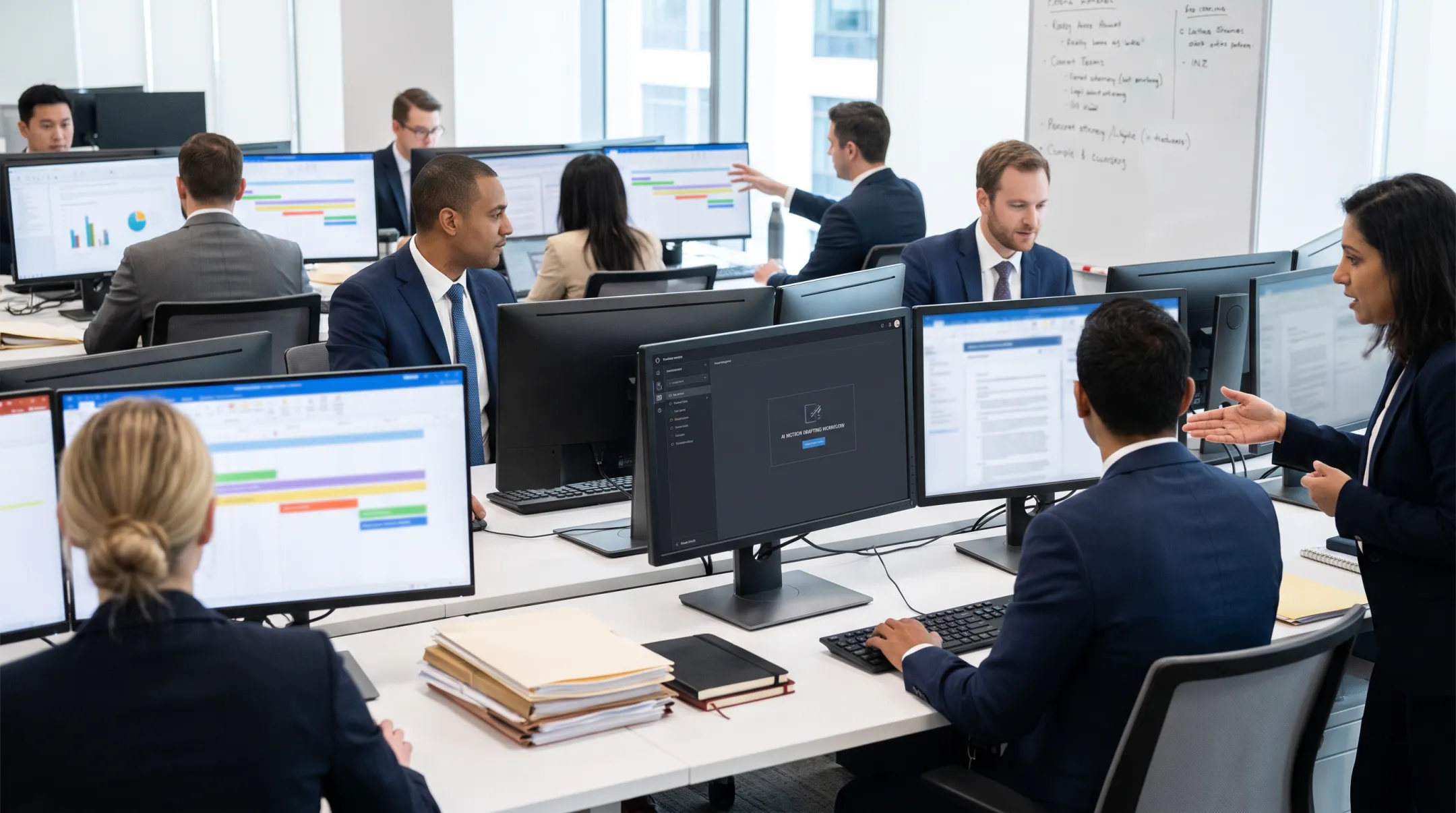 Defense attorneys reviewing negligence motion drafting workflow with legal software