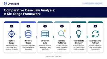 Six-stage comparative case law analysis process flow for defense litigation teams