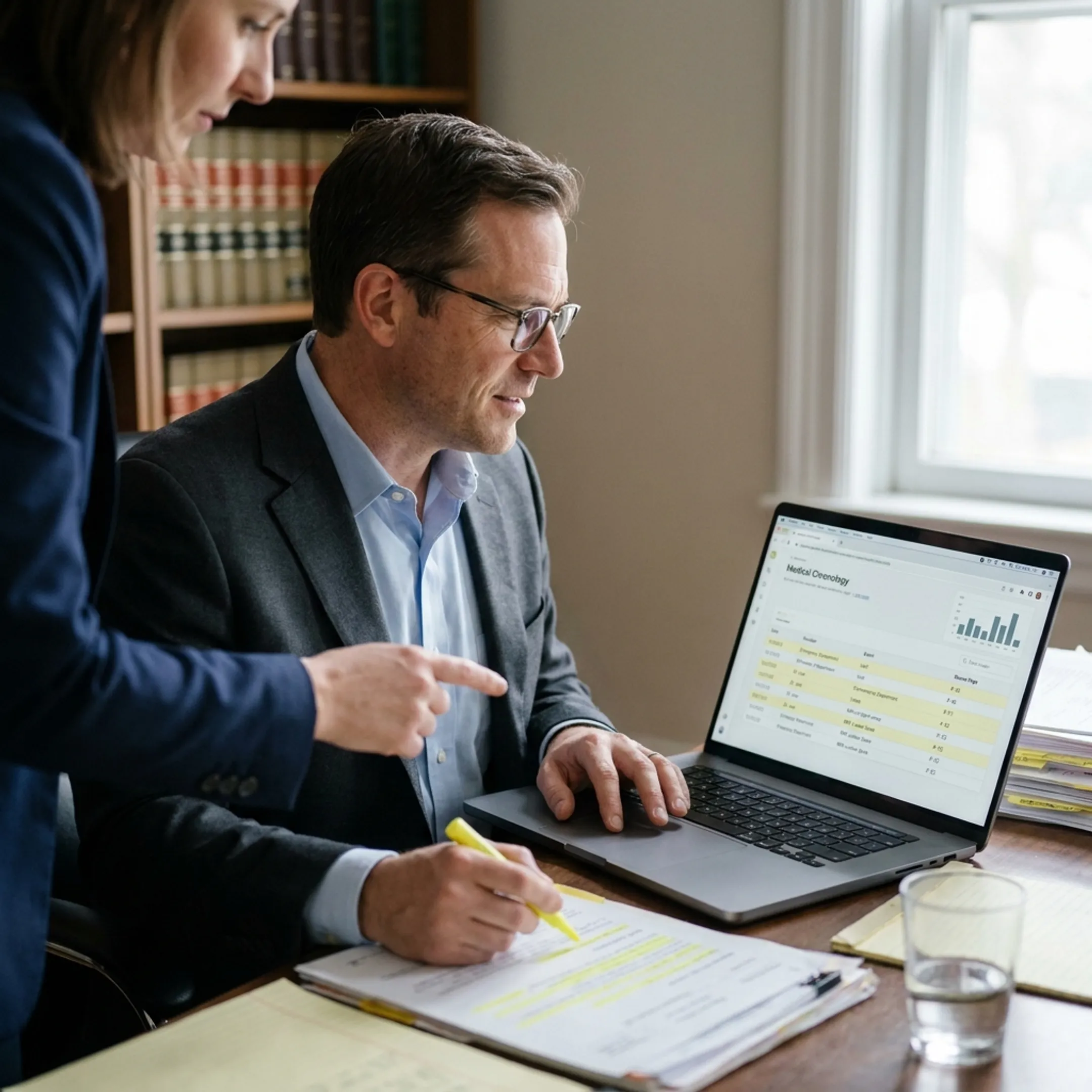 Attorney reviewing an AI-generated medical chronology on a laptop beside organized legal records