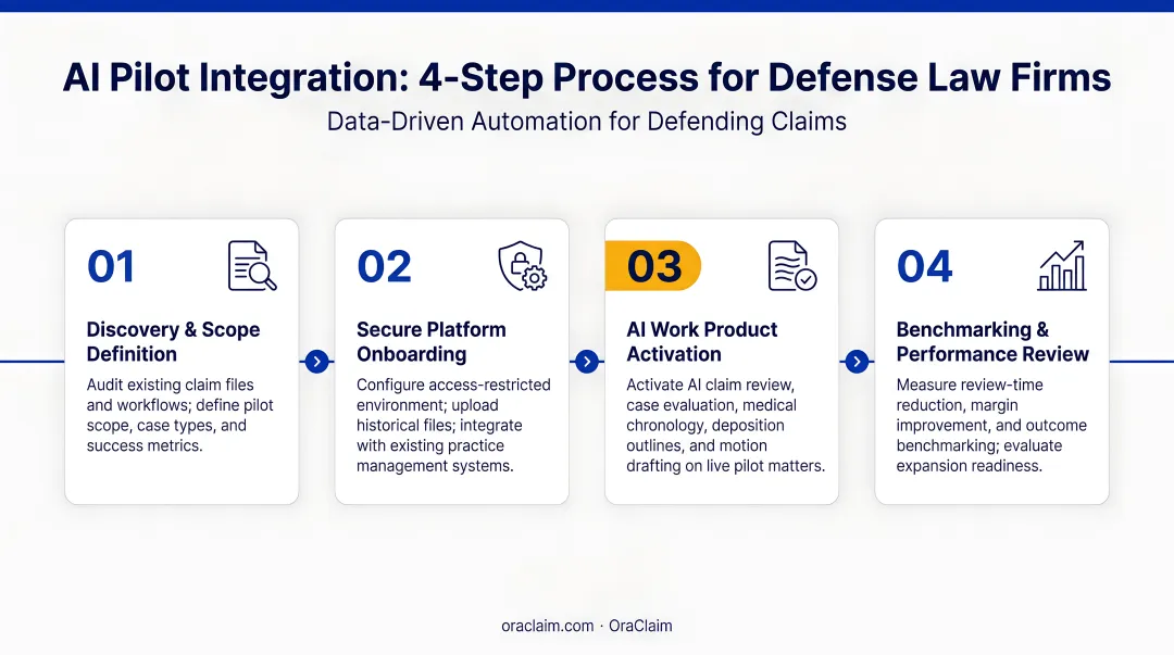 4-step AI pilot integration process for defense law firms workflow infographic