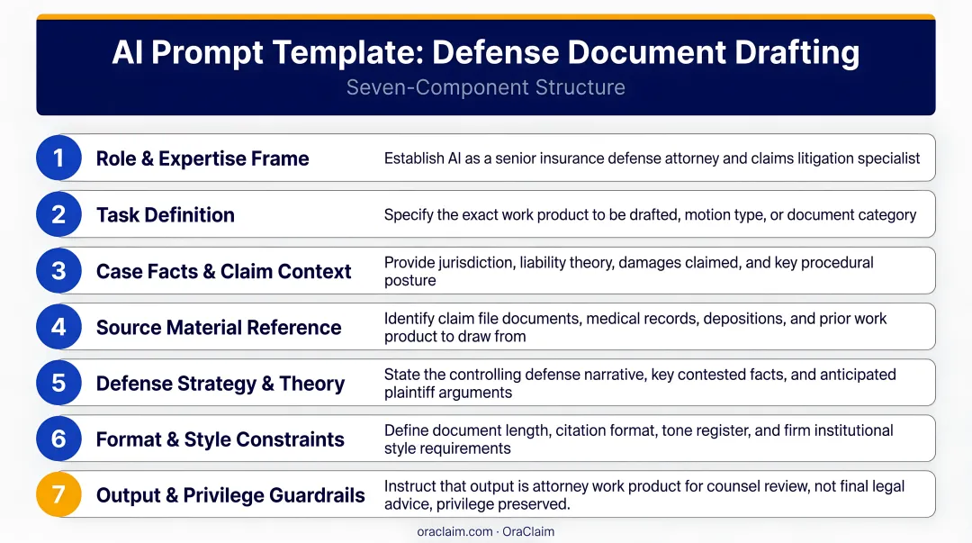 Seven-component structured legal AI prompt template for defense document drafting