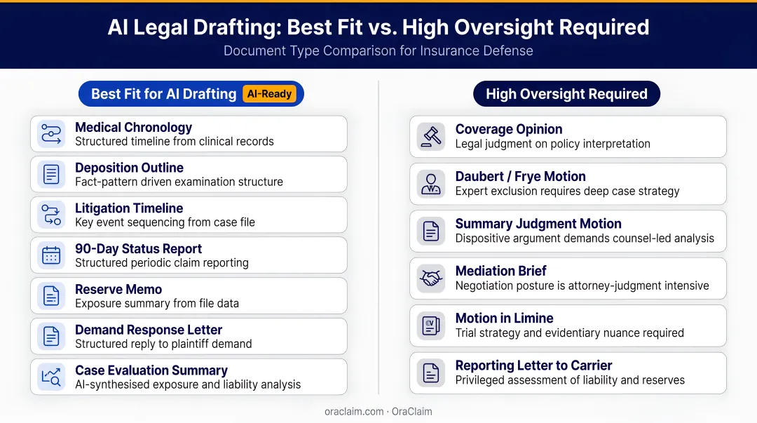 AI legal drafting best fit versus high oversight required document type comparison chart