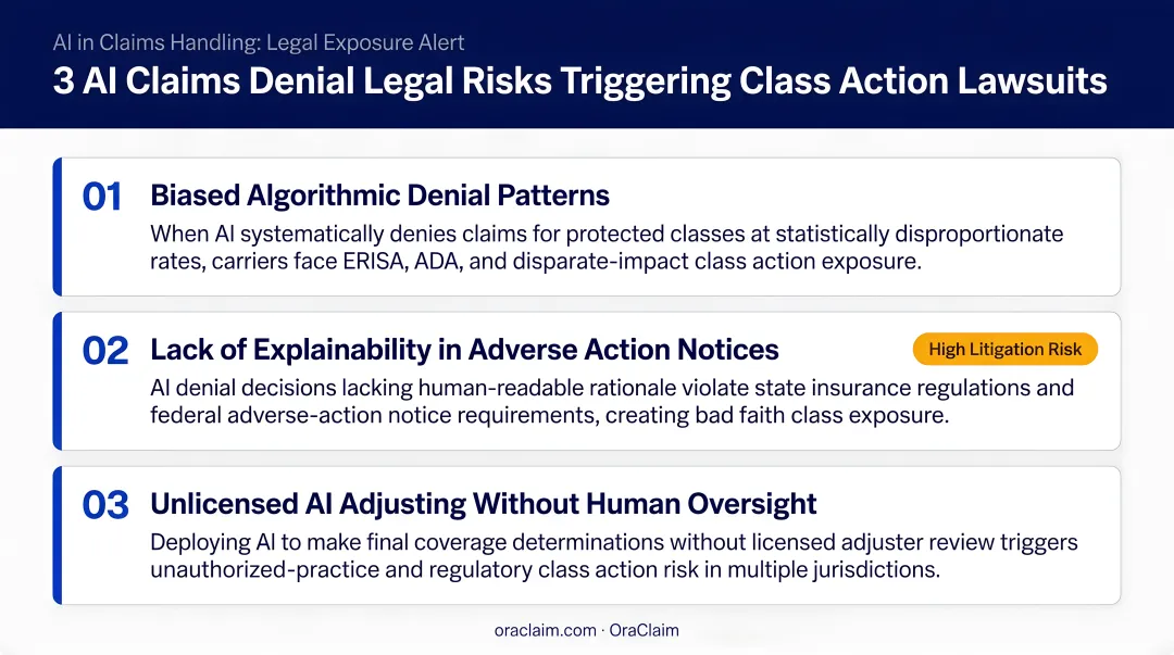 Three core AI claims denial legal risks triggering class action lawsuits infographic