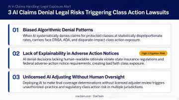 Three core AI claims denial legal risks triggering class action lawsuits infographic