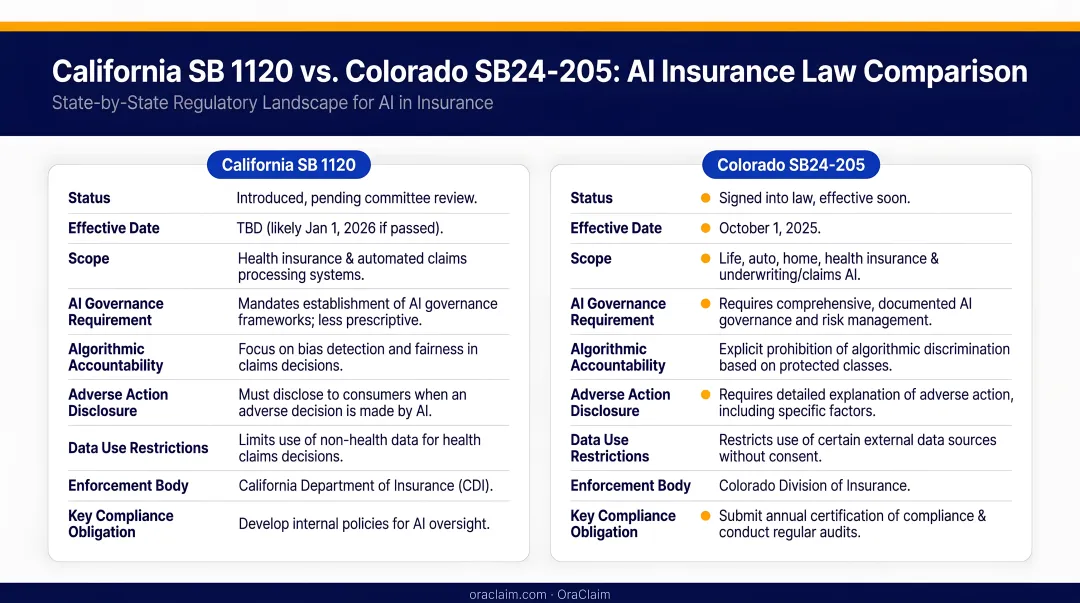 California SB 1120 versus Colorado SB24-205 AI insurance law comparison chart