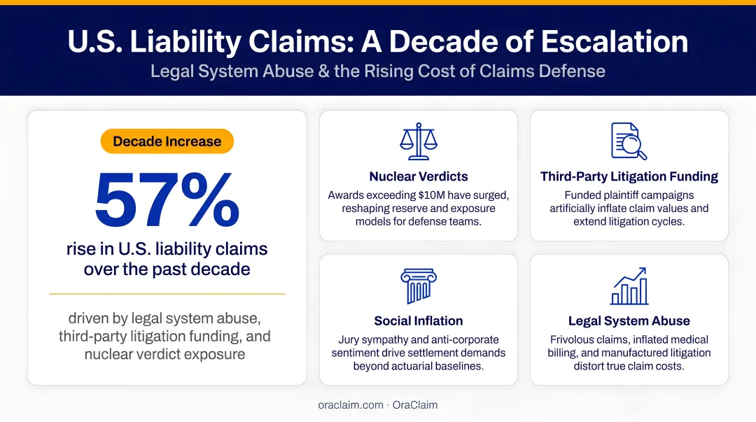 U.S. liability claims 57 percent decade increase and legal system abuse cost infographic
