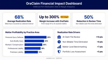 OraClaim financial impact dashboard displaying defense firm realization rate and margin metrics