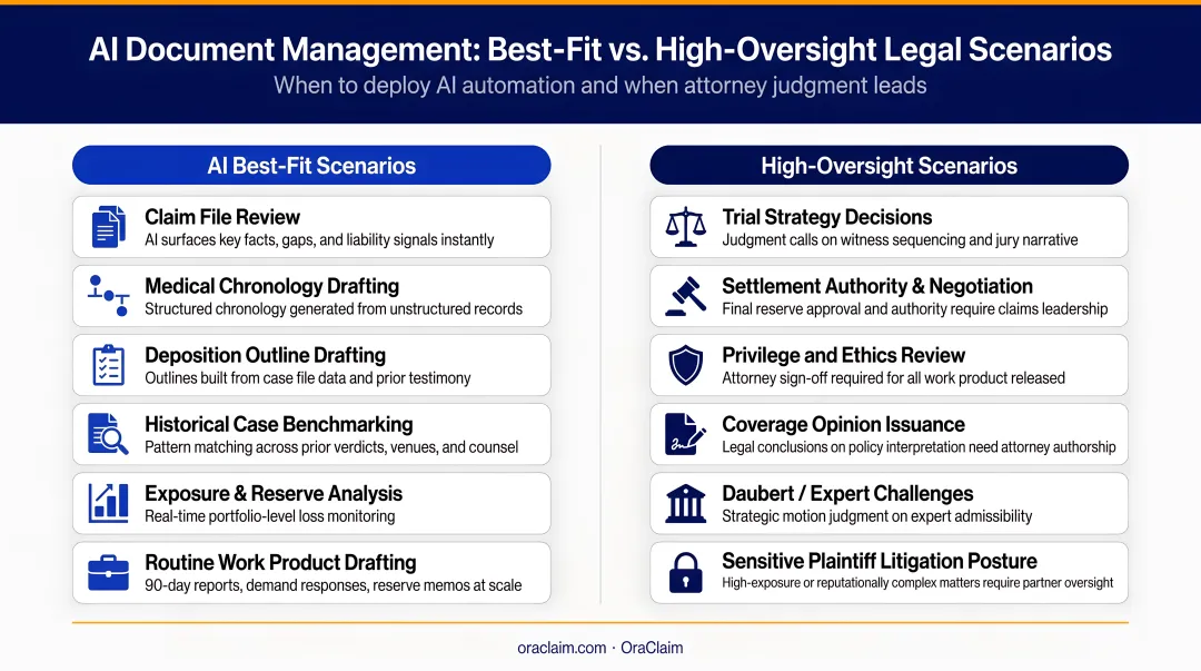 AI document management best-fit versus high-oversight legal scenarios comparison chart