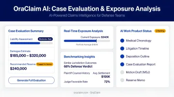 OraClaim AI platform dashboard displaying case evaluation summary and exposure analysis