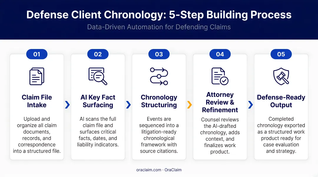 Five-step defense client chronology building process flow diagram