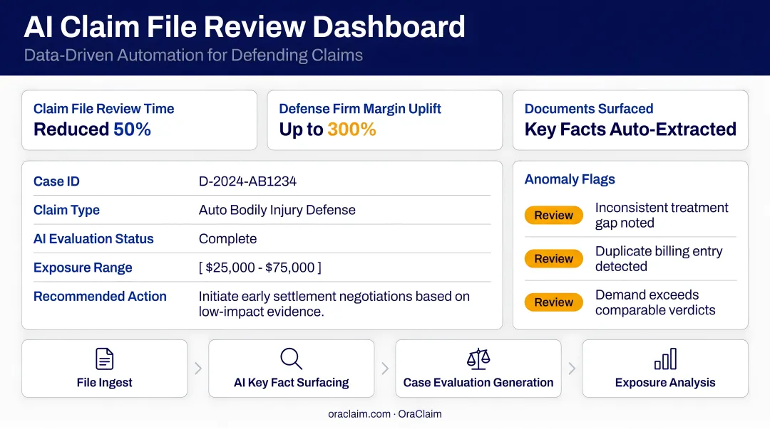 OraClaim AI claim file review dashboard displaying structured case summaries and anomaly flags