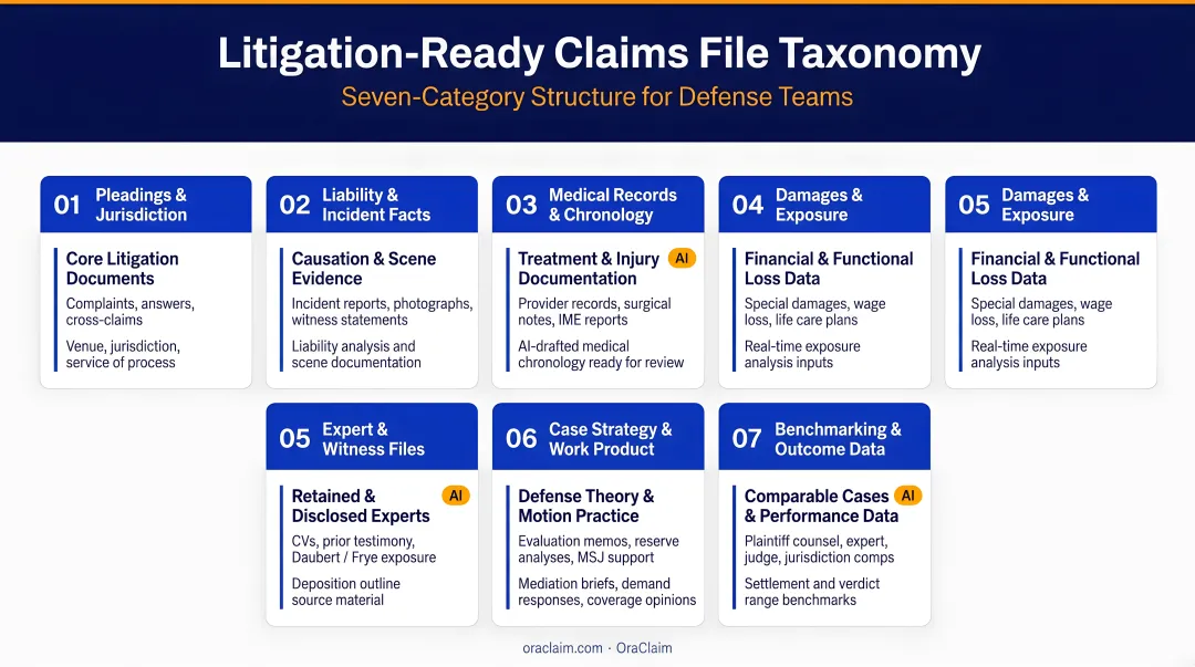 Seven-category litigation-ready claims file taxonomy structure for defense teams