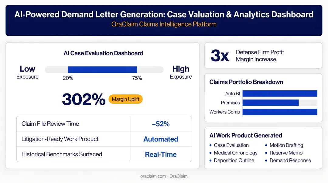 AI-powered demand letter generation platform dashboard showing case valuation and analytics