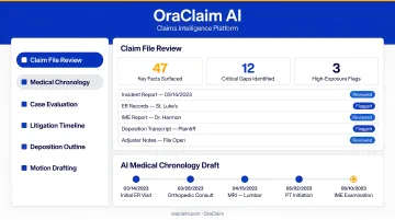 OraClaim AI platform dashboard displaying claims file review and medical chronology tools