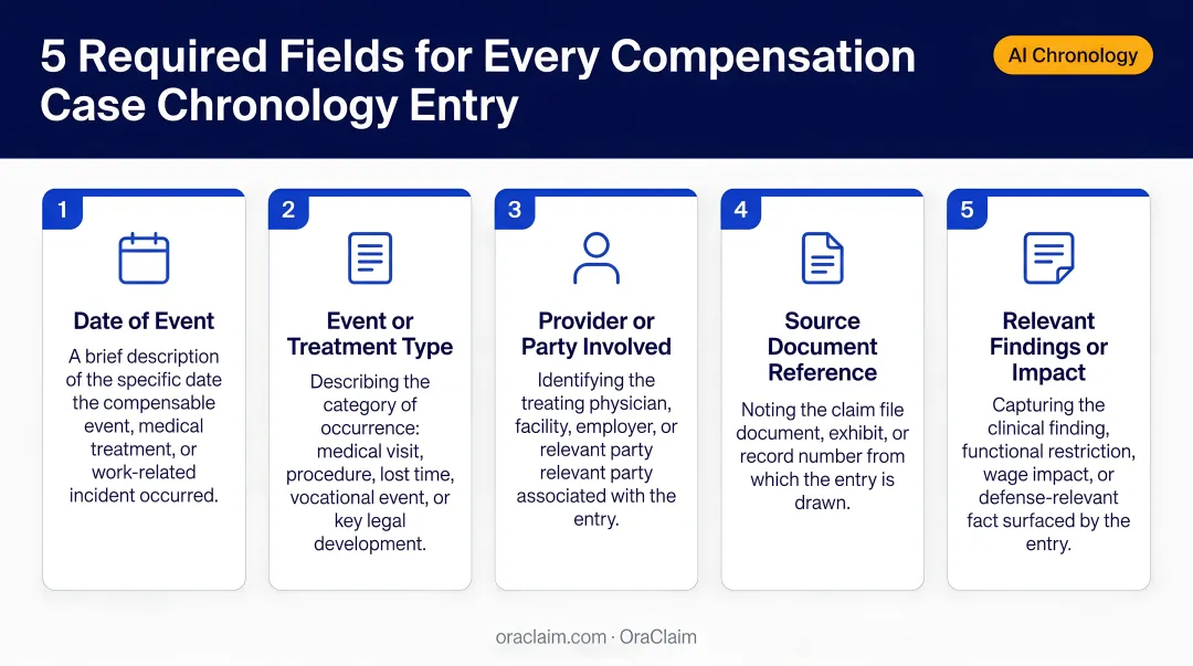 Five required fields for every compensation case chronology entry breakdown