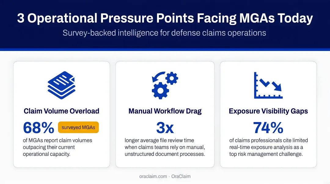 Three MGA operational pressure points infographic with survey statistics