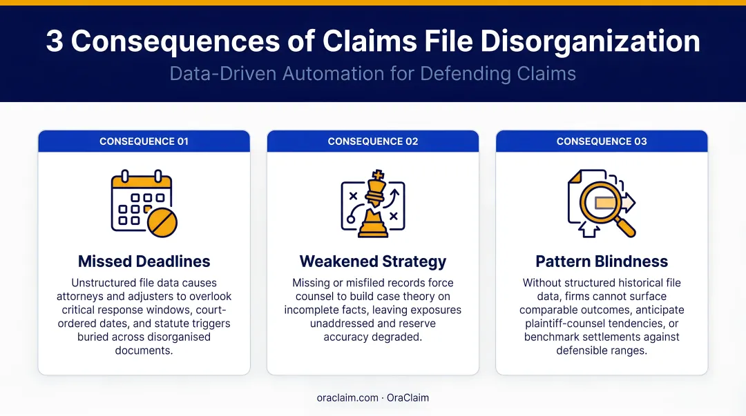 Three consequences of claims file disorganization missed deadlines weakened strategy pattern blindness