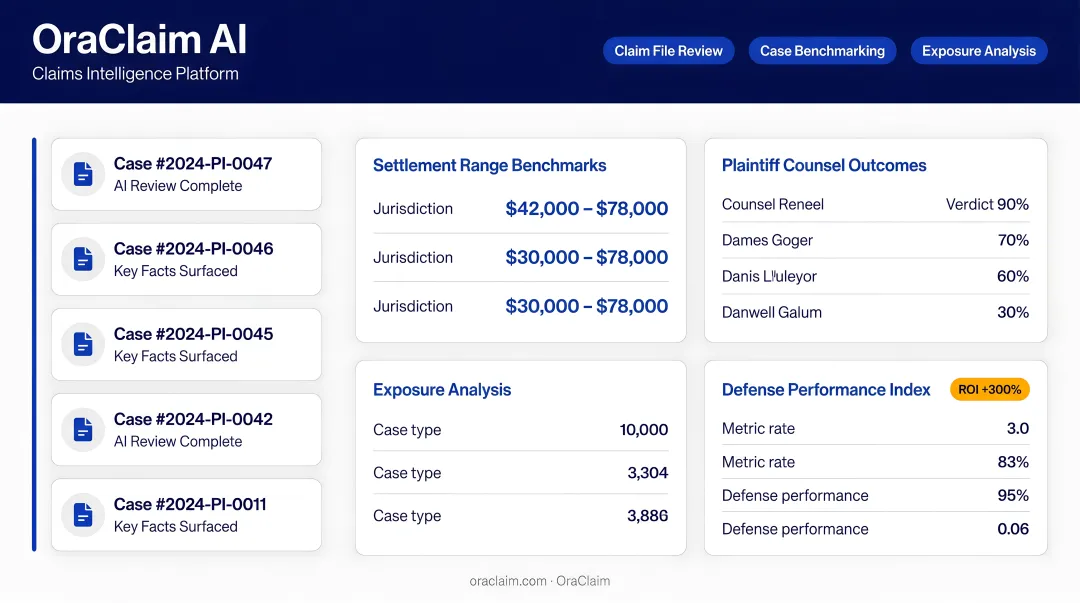 OraClaim AI platform dashboard displaying classified claims documents and case benchmarking data