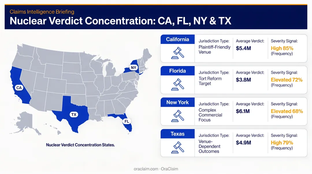 Nuclear verdict concentration map showing California Florida New York and Texas liability data