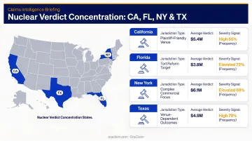 Nuclear verdict concentration map showing California Florida New York and Texas liability data