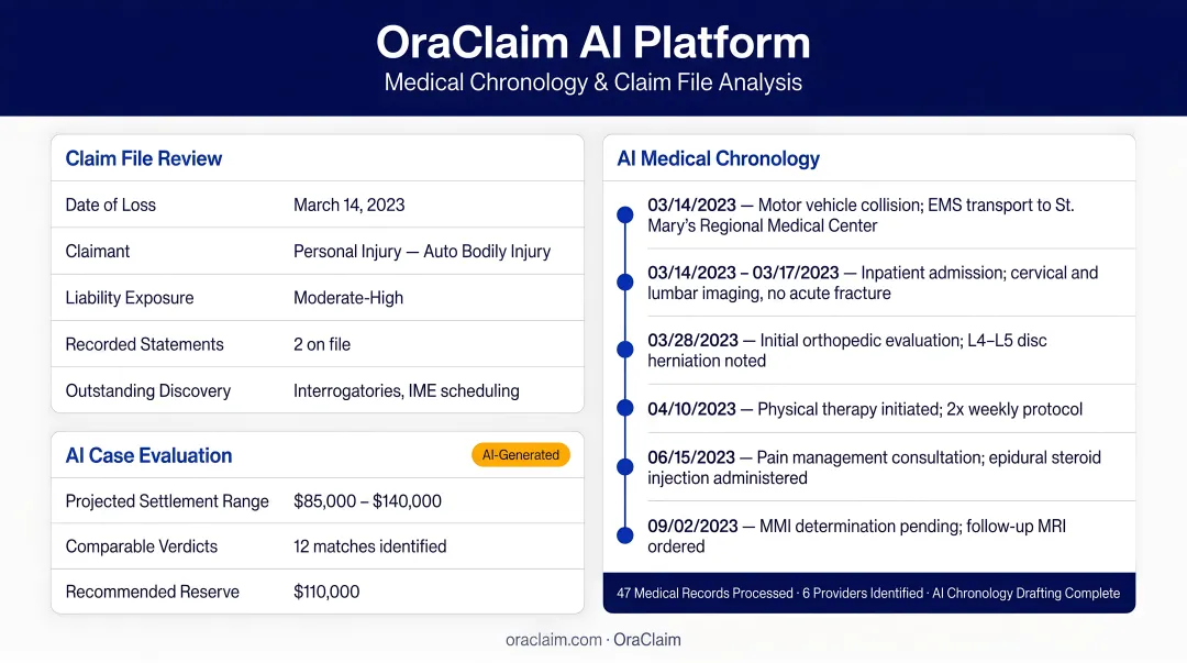 OraClaim AI platform dashboard displaying medical chronology and claim file analysis