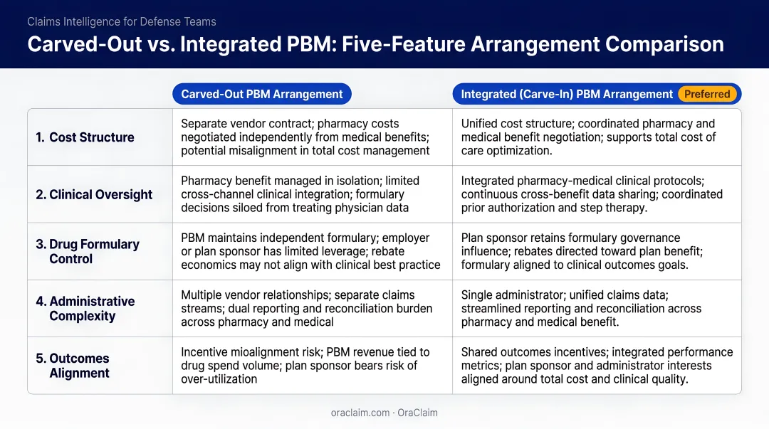 Carved-out versus integrated PBM carve-in arrangement five-feature comparison table