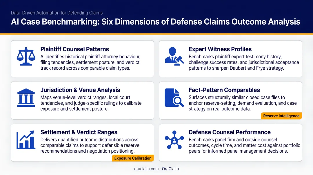 Six dimensions of AI case benchmarking for defense claims outcome analysis