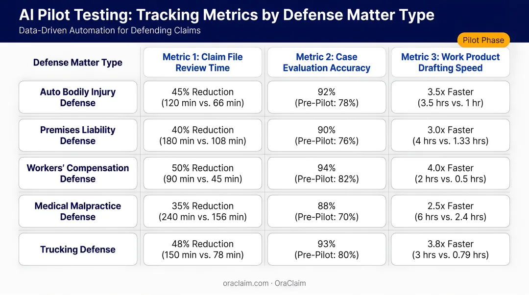AI pilot testing three tracking metrics comparison chart for defense matter types