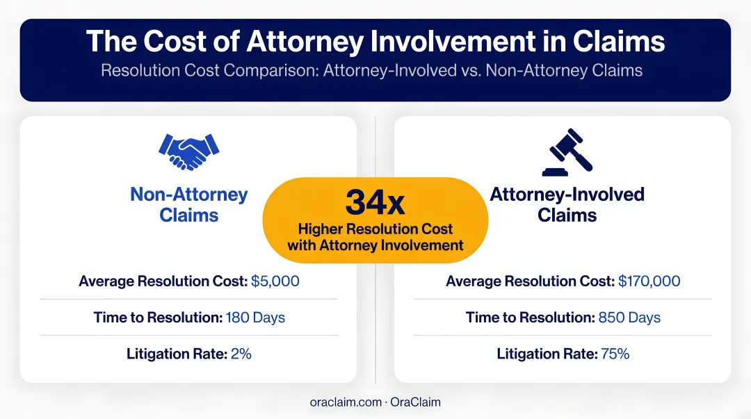Attorney-involved versus non-attorney claims cost comparison showing 34x resolution cost difference