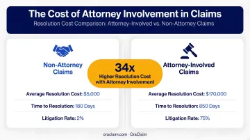 Attorney-involved versus non-attorney claims cost comparison showing 34x resolution cost difference
