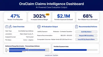 OraClaim platform interface displaying claims intelligence dashboard with case evaluation outputs