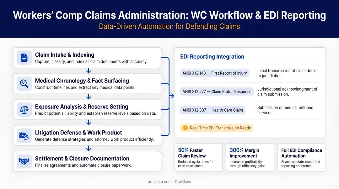Configurable workers comp claims administration platform interface showing WC workflow and EDI reporting