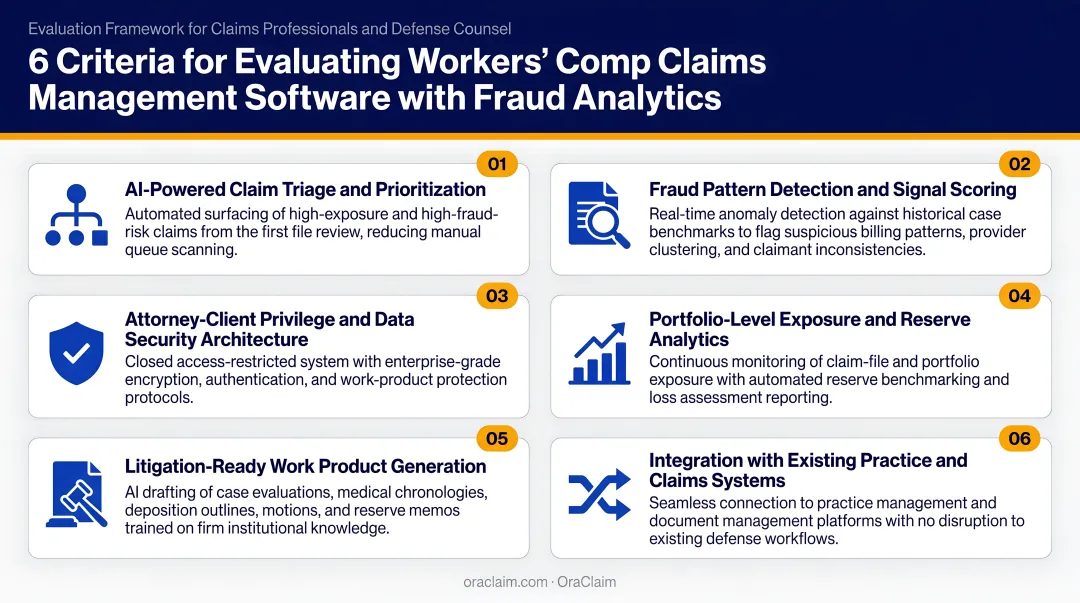 Six criteria framework for evaluating workers comp claims management software with fraud analytics