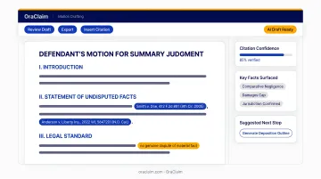 OraClaim AI motion drafting platform interface showing litigation-ready brief with pin-citations