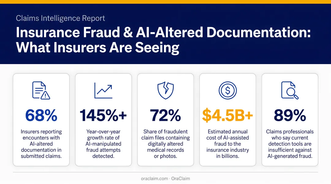 Insurance fraud sophistication statistics showing AI-altered documentation prevalence among insurers