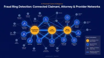 Abstract graph network visualization connecting claimants attorneys and providers in fraud ring pattern