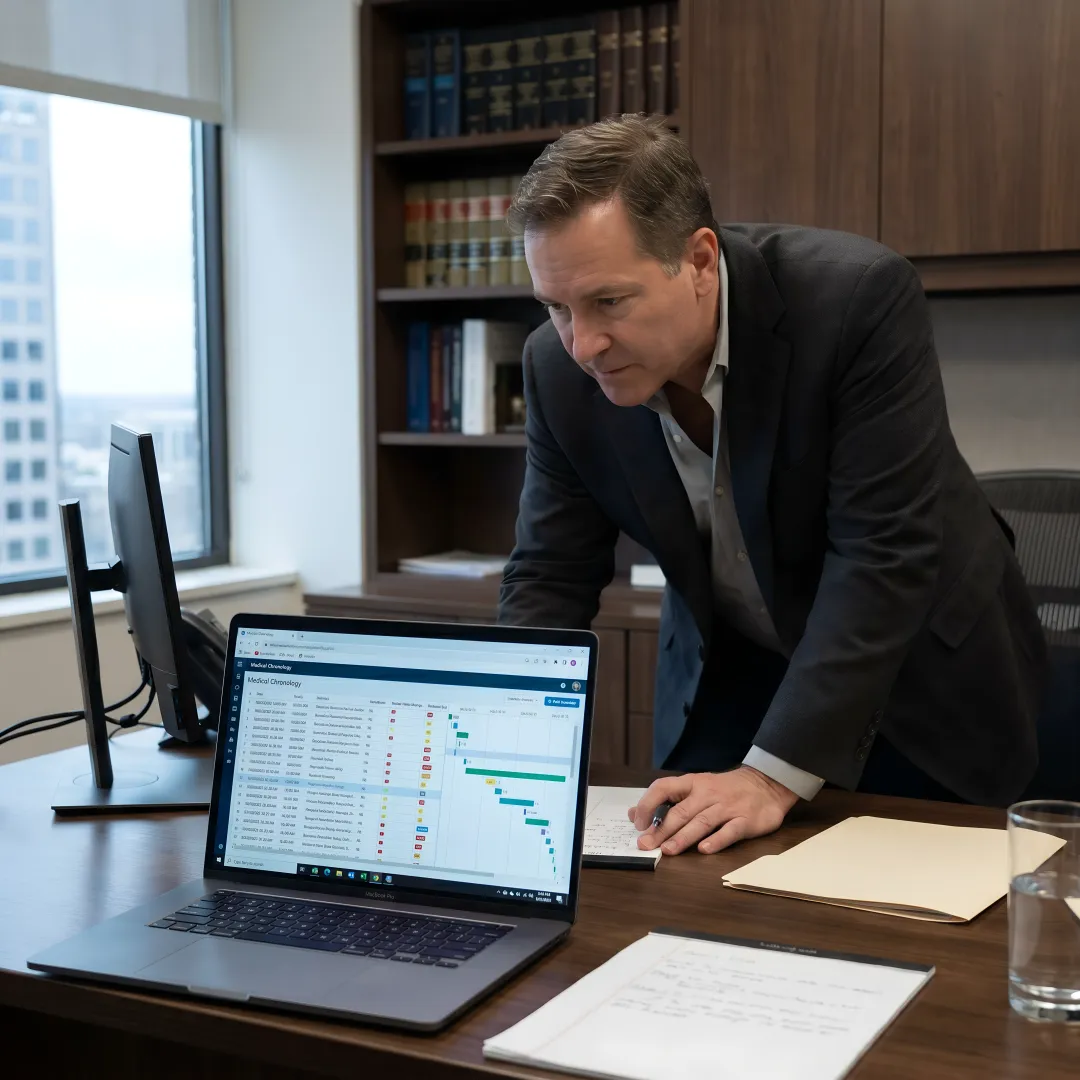 Attorney reviewing AI medical records dashboard