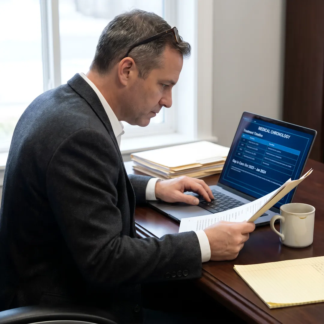 Attorney reviewing AI-generated medical chronology for examiner preparation