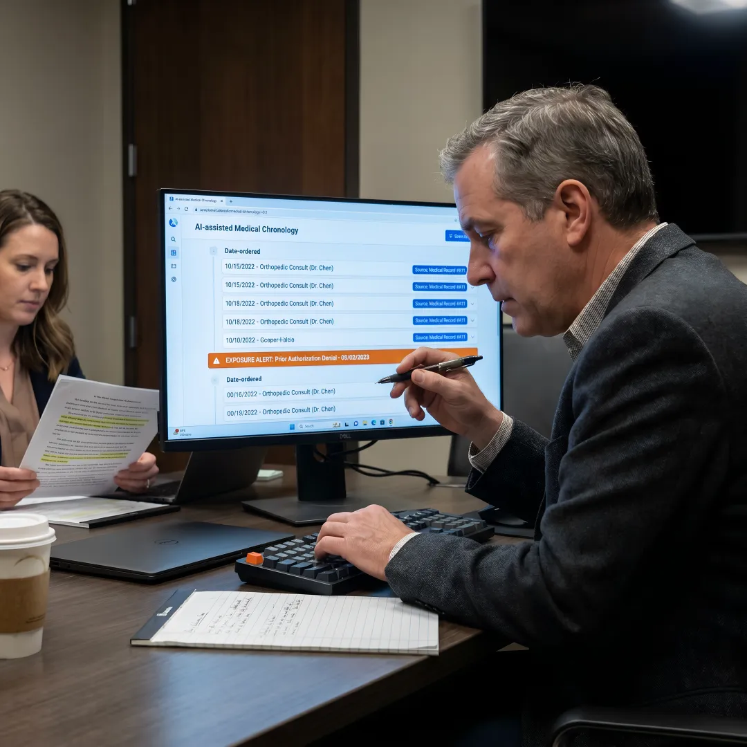 Claims team reviewing medical chronology workflow