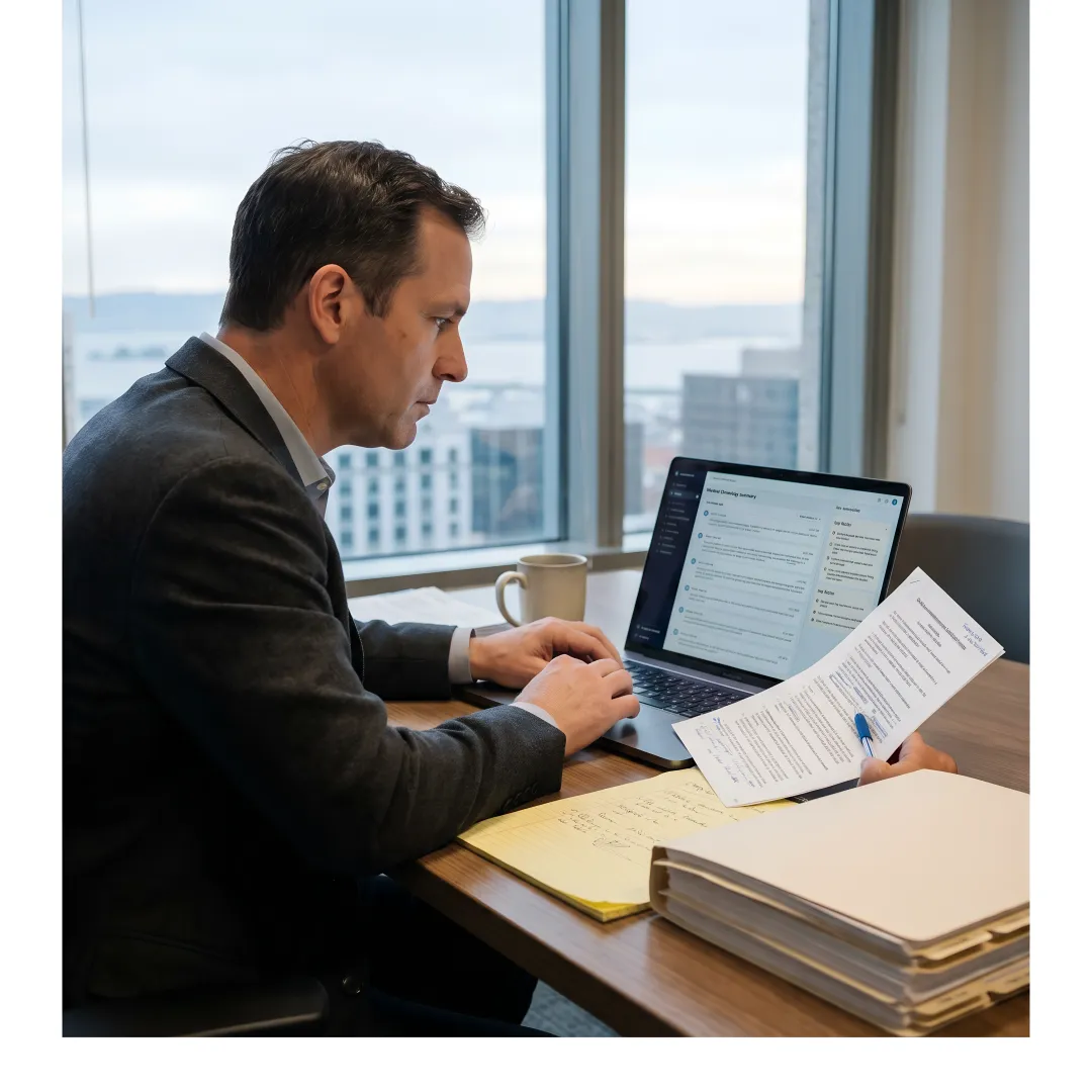 Defense attorney reviewing AI-organized medical records