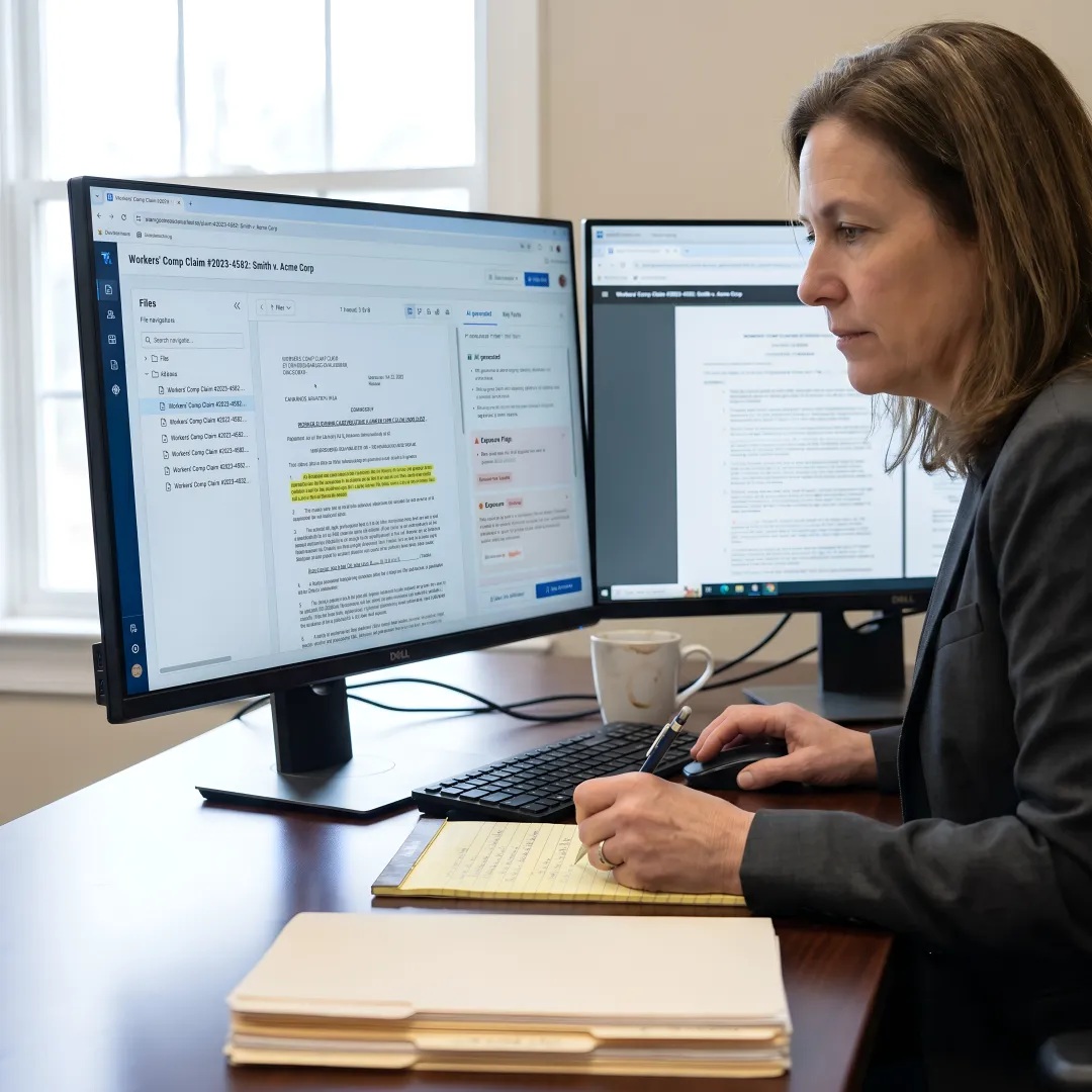 Attorney reviewing workers compensation claim data in legal software