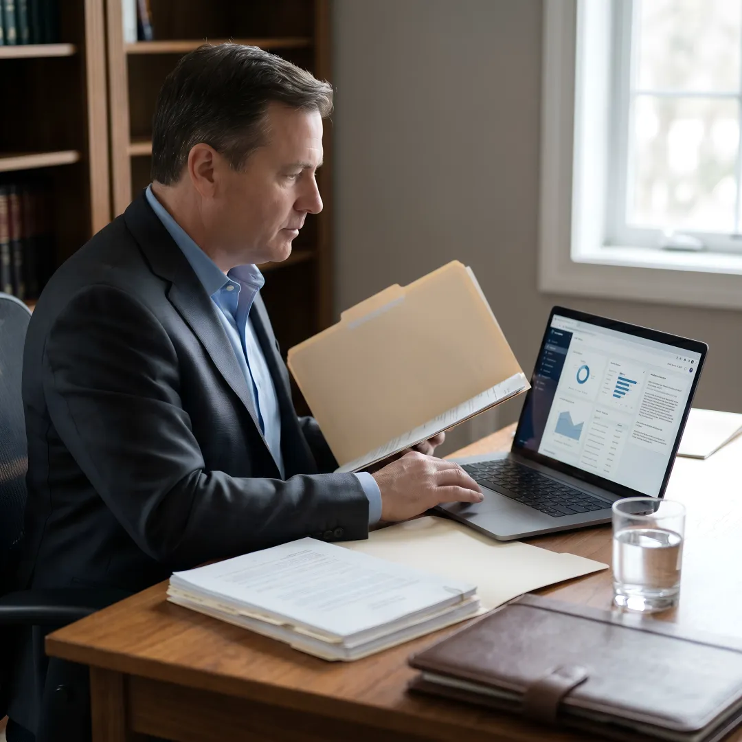 Insurance defense attorney reviewing AI claims intelligence