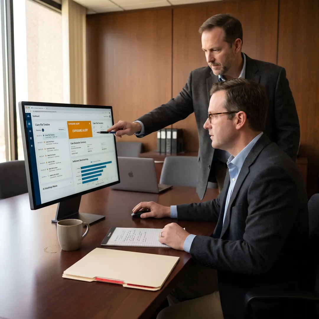 Legal team reviewing AI-powered litigation intelligence dashboard