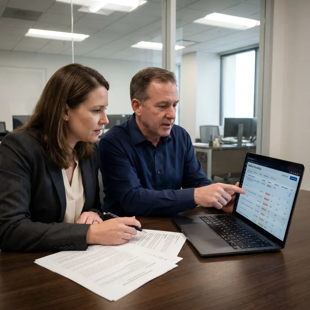 Legal team reviewing AI-generated medical record timeline