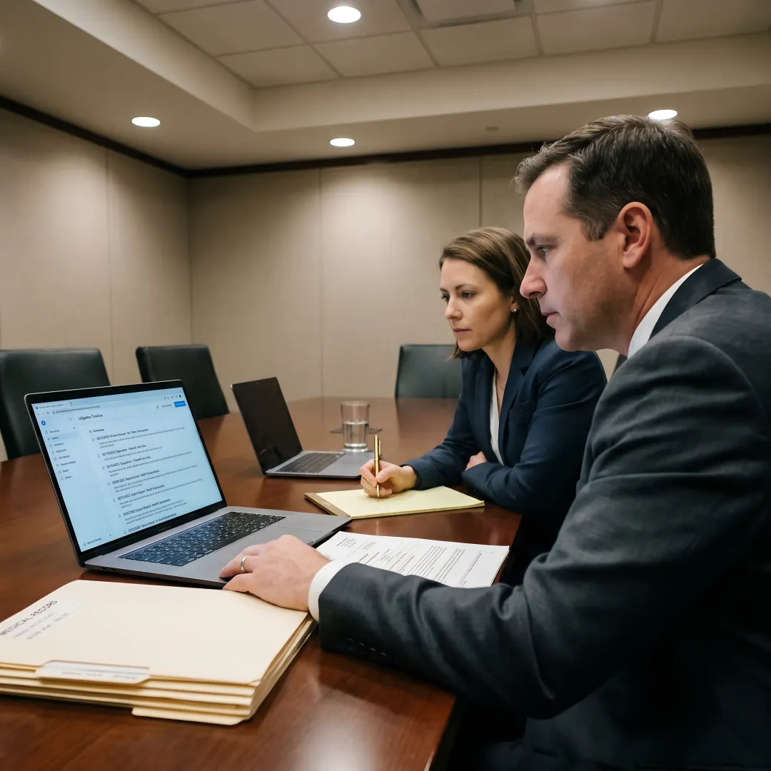 Legal team reviewing an AI-generated case timeline