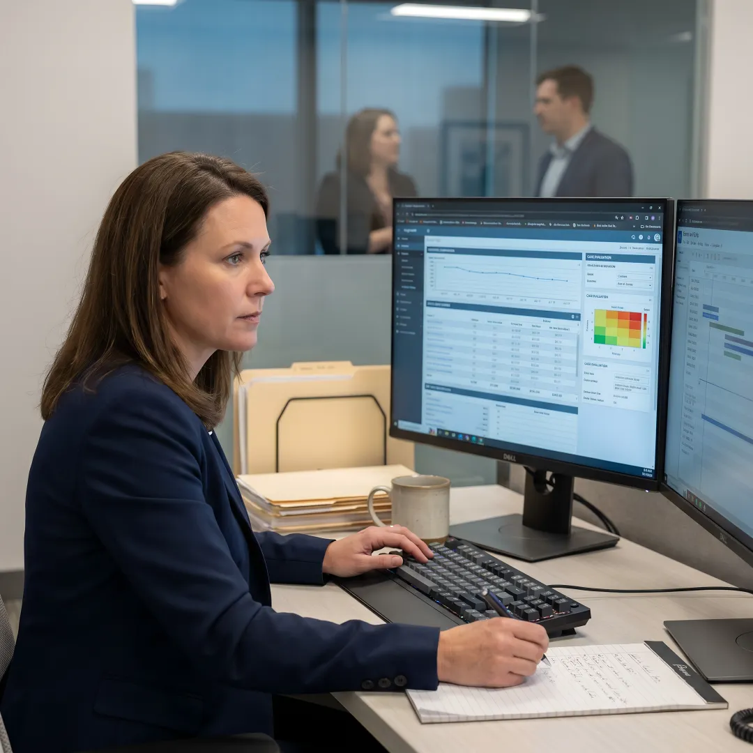Defense claims team reviewing portfolio risk analytics