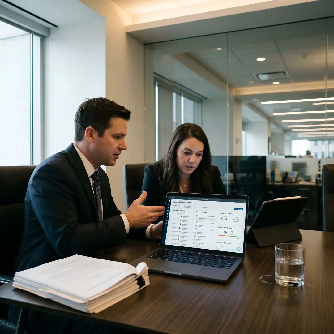 Defense team reviewing integrated claims platform