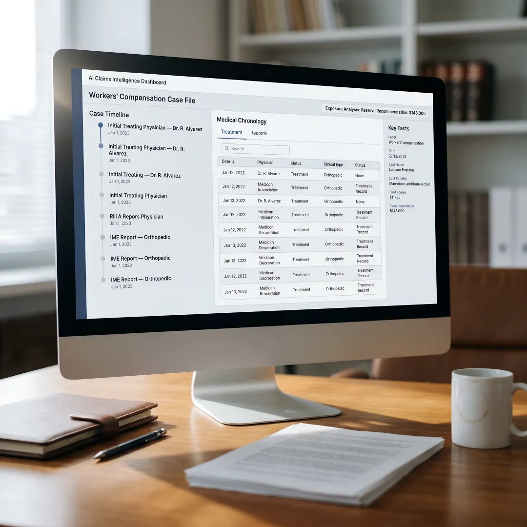 AI claims dashboard organizing workers compensation legal records