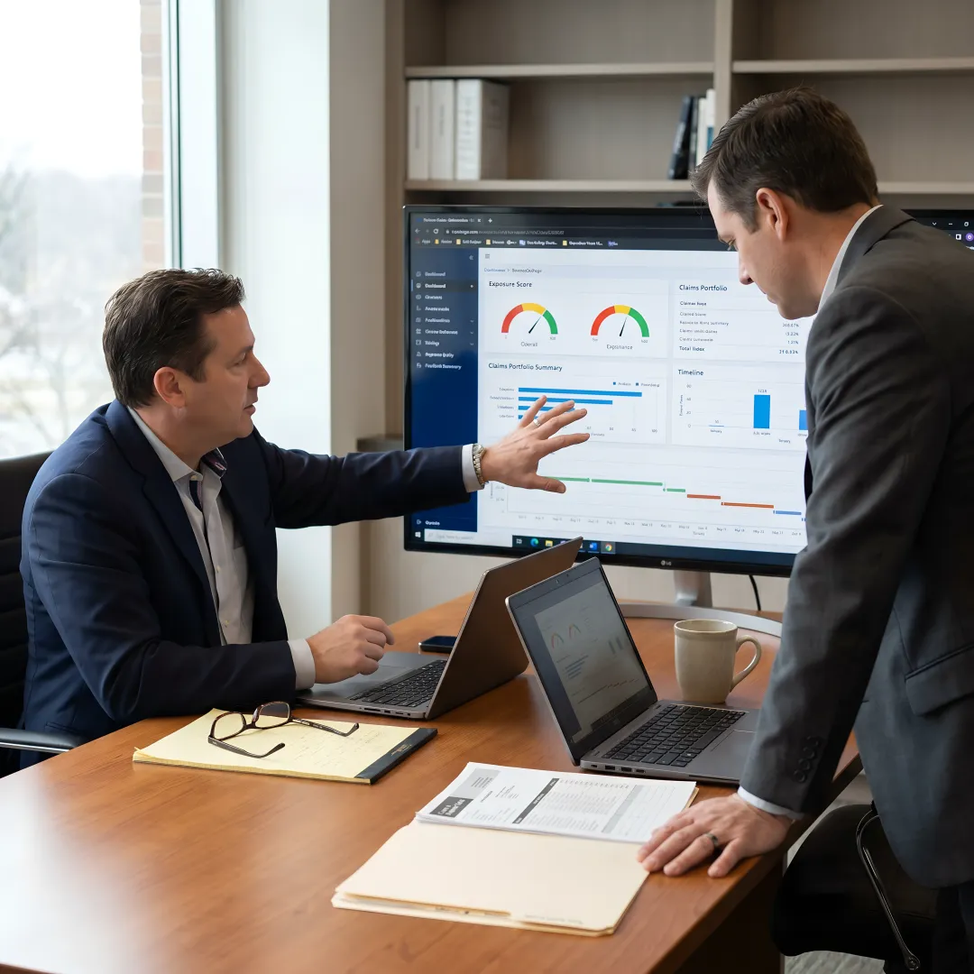 Defense claims team reviewing AI-powered analytics dashboard
